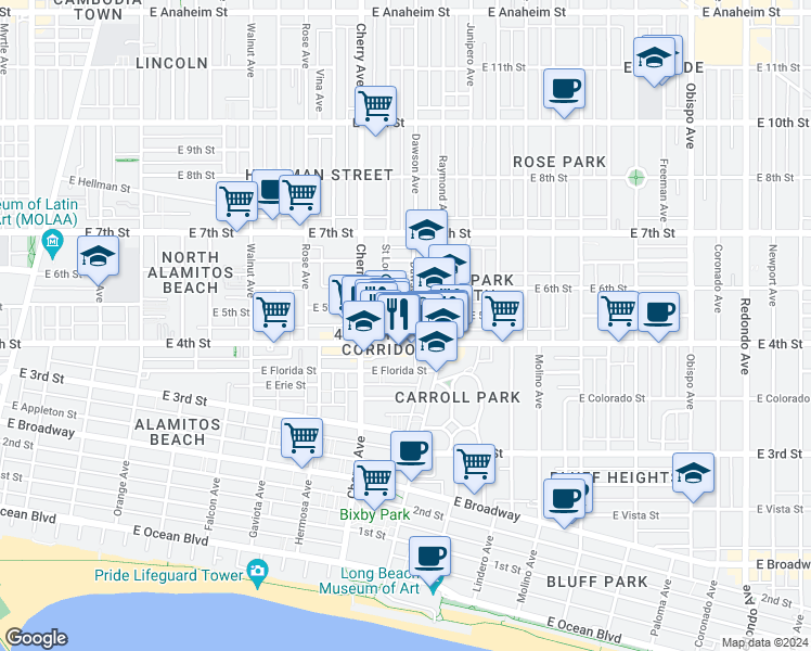 map of restaurants, bars, coffee shops, grocery stores, and more near 445 Dawson Avenue in Long Beach
