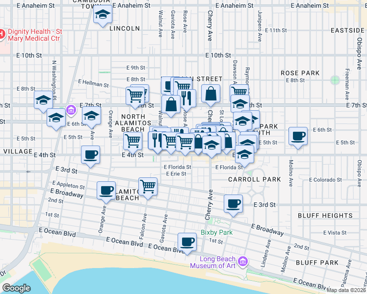 map of restaurants, bars, coffee shops, grocery stores, and more near 443 Rose Avenue in Long Beach