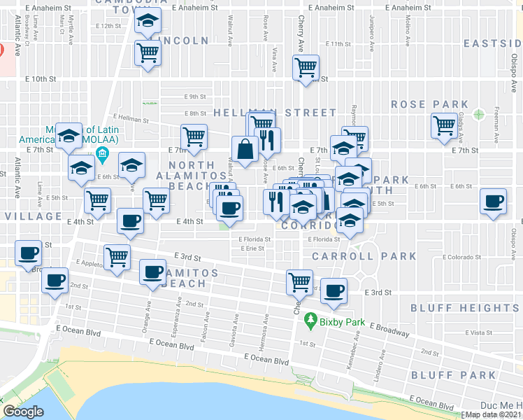 map of restaurants, bars, coffee shops, grocery stores, and more near 443 Rose Avenue in Long Beach