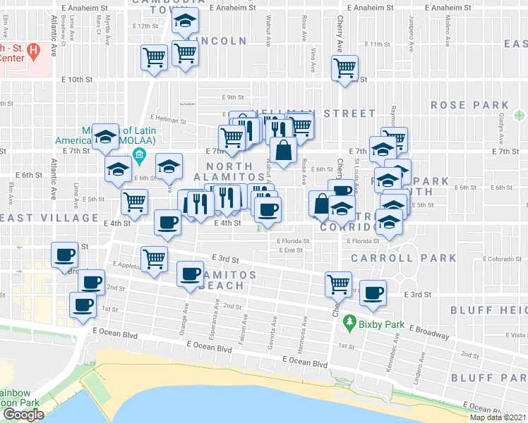 map of restaurants, bars, coffee shops, grocery stores, and more near 1506 East 5th Street in Long Beach