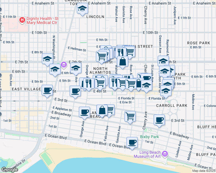 map of restaurants, bars, coffee shops, grocery stores, and more near 1506 East 5th Street in Long Beach