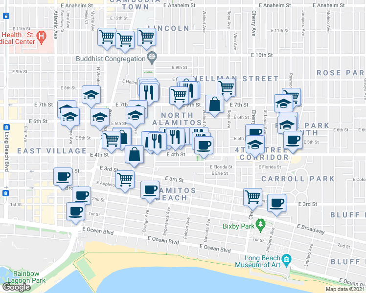 map of restaurants, bars, coffee shops, grocery stores, and more near 446 Almond Avenue in Long Beach