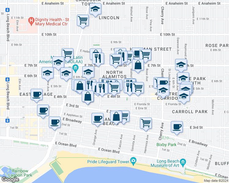 map of restaurants, bars, coffee shops, grocery stores, and more near 446 Almond Avenue in Long Beach
