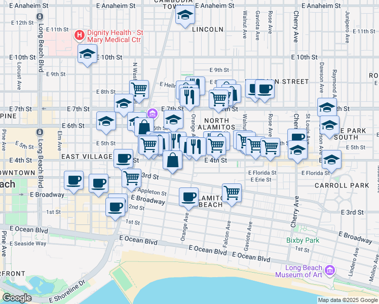 map of restaurants, bars, coffee shops, grocery stores, and more near 502 Orange Avenue in Long Beach