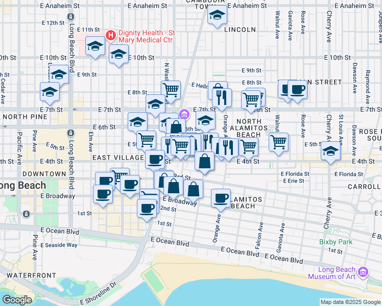 map of restaurants, bars, coffee shops, grocery stores, and more near in Long Beach