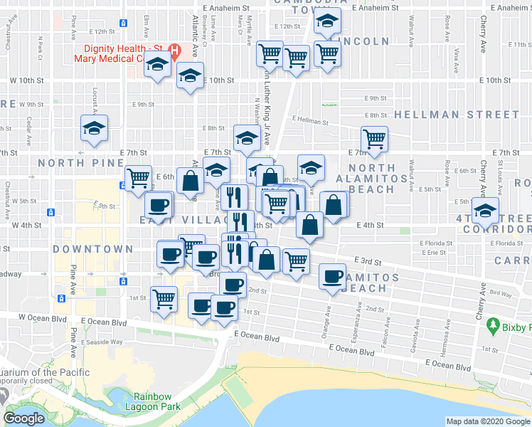 map of restaurants, bars, coffee shops, grocery stores, and more near 438 Zona Court in Long Beach