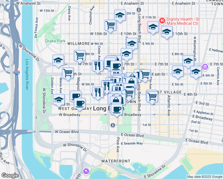 map of restaurants, bars, coffee shops, grocery stores, and more near 423 Pacific Avenue in Long Beach