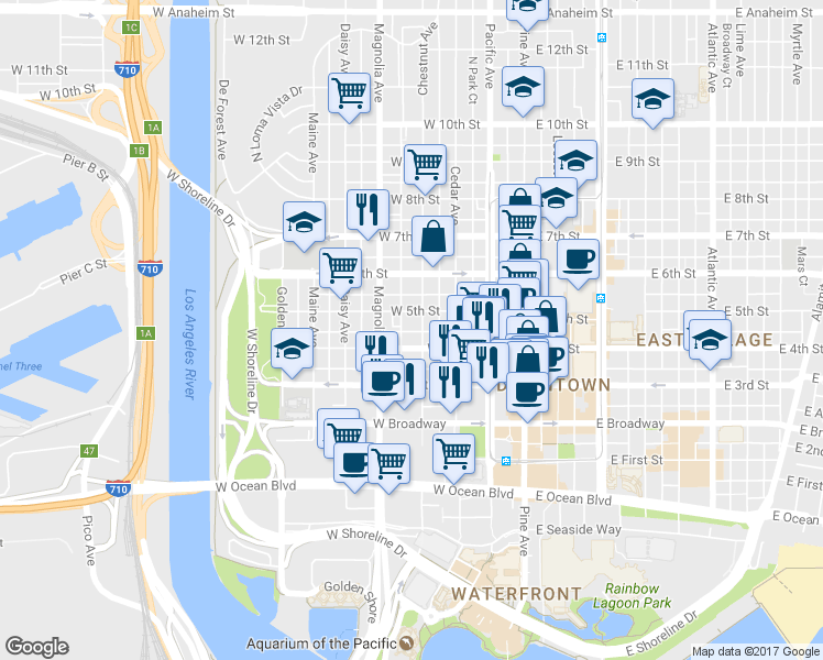 map of restaurants, bars, coffee shops, grocery stores, and more near 445 Chestnut Avenue in Long Beach