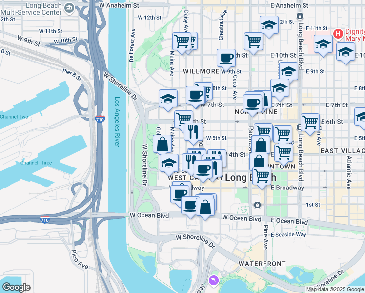 map of restaurants, bars, coffee shops, grocery stores, and more near 437 North Nylic Court in Long Beach