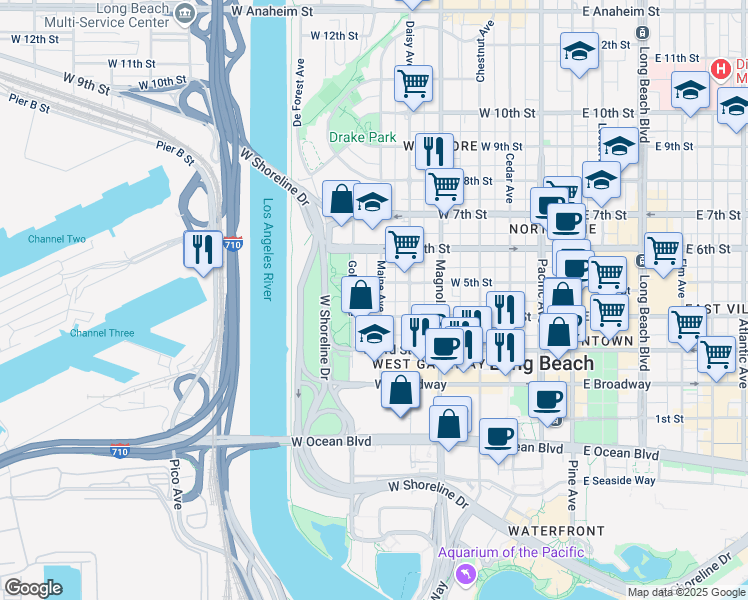 map of restaurants, bars, coffee shops, grocery stores, and more near 430 Golden Avenue in Long Beach