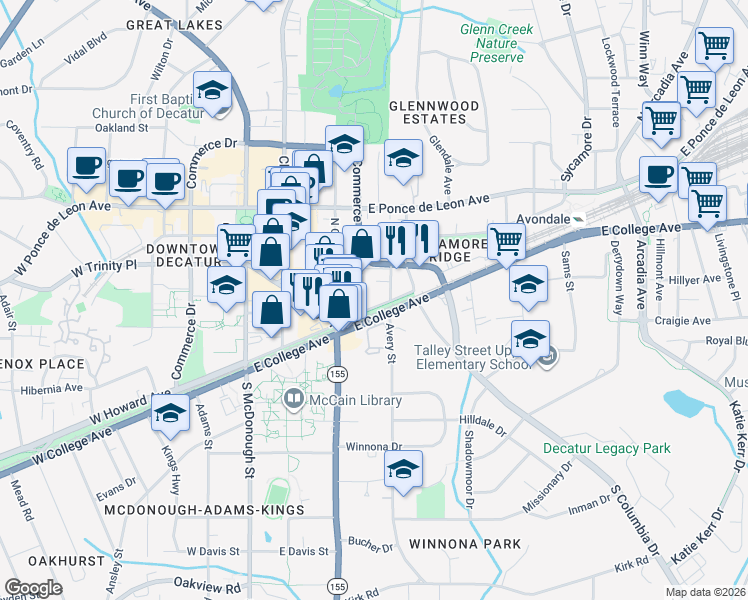 map of restaurants, bars, coffee shops, grocery stores, and more near 422 East Howard Avenue in Decatur