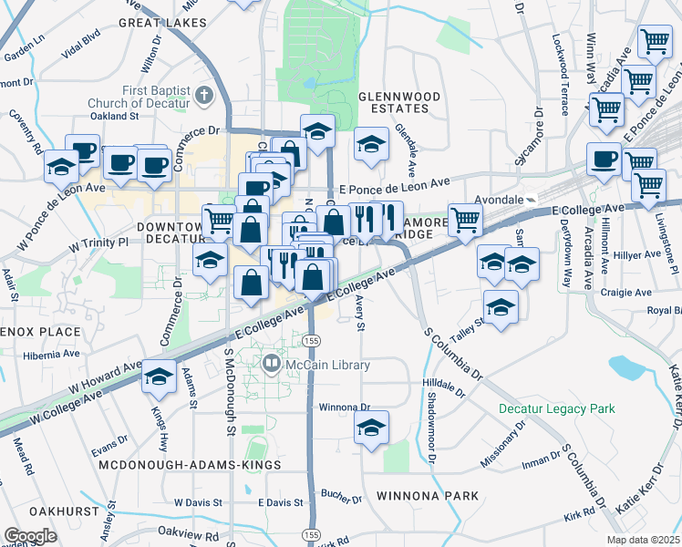 map of restaurants, bars, coffee shops, grocery stores, and more near 422 East Howard Avenue in Decatur