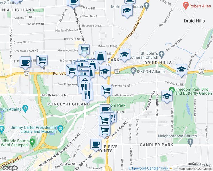 map of restaurants, bars, coffee shops, grocery stores, and more near 1144 Blue Ridge Avenue Northeast in Atlanta
