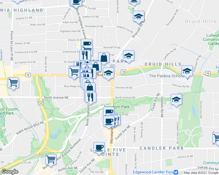 map of restaurants, bars, coffee shops, grocery stores, and more near 1144 Blue Ridge Avenue Northeast in Atlanta