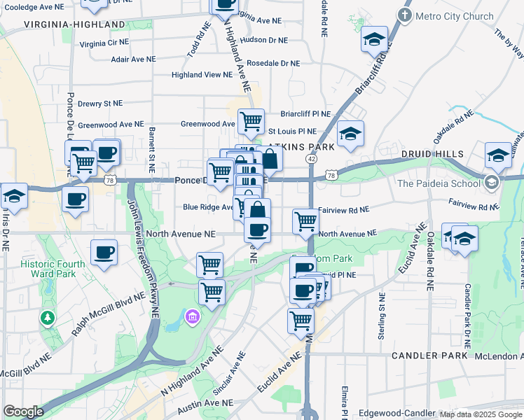 map of restaurants, bars, coffee shops, grocery stores, and more near in Atlanta