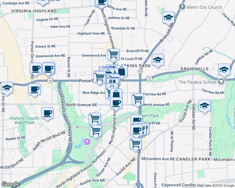 map of restaurants, bars, coffee shops, grocery stores, and more near 653 North Highland Avenue Northeast in Atlanta