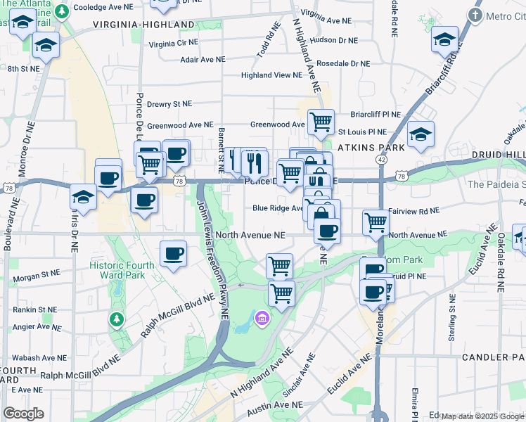 map of restaurants, bars, coffee shops, grocery stores, and more near 980 Blue Ridge Avenue Northeast in Atlanta