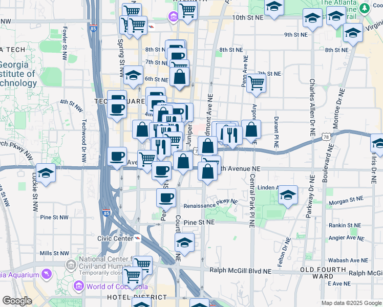 map of restaurants, bars, coffee shops, grocery stores, and more near 150 Ponce De Leon Avenue Northeast in Atlanta