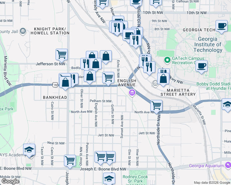 map of restaurants, bars, coffee shops, grocery stores, and more near 649 Griffin Street Northwest in Atlanta