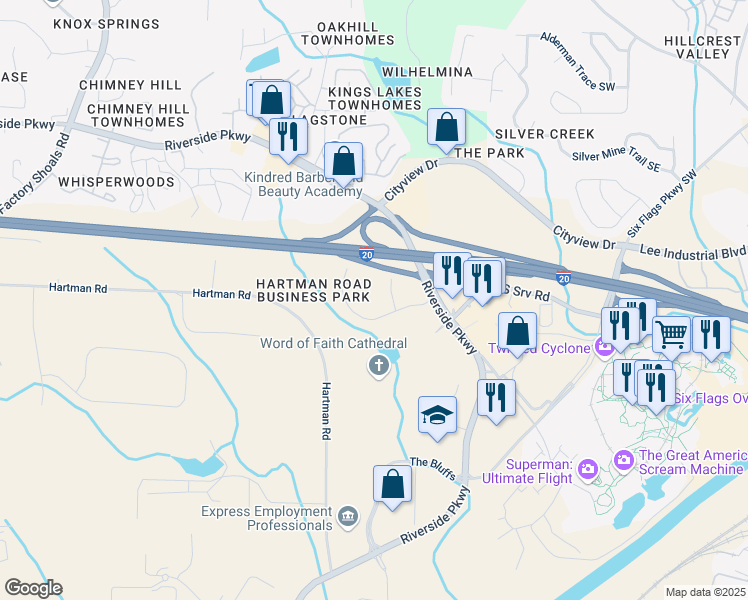 map of restaurants, bars, coffee shops, grocery stores, and more near 272 Twin Hill Road in Austell