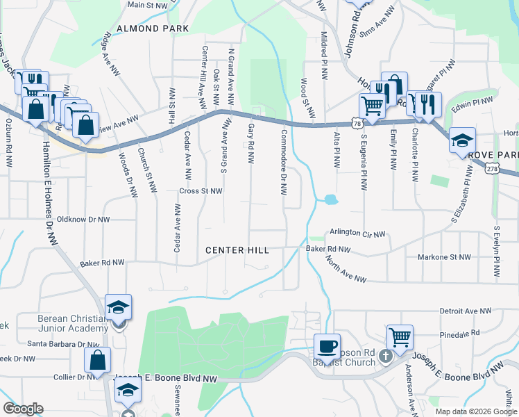 map of restaurants, bars, coffee shops, grocery stores, and more near 2286 Kennedy Court Northwest in Atlanta