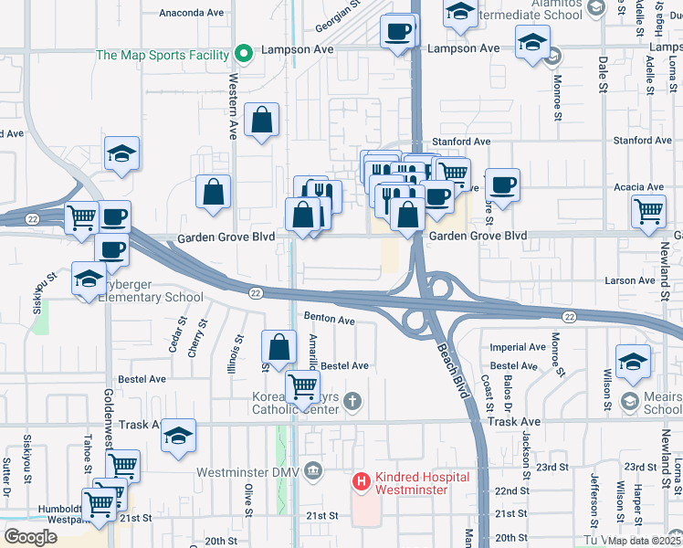 map of restaurants, bars, coffee shops, grocery stores, and more near 13202 Hoover Street in Westminster