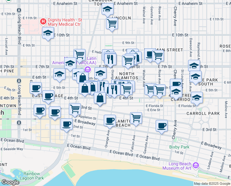 map of restaurants, bars, coffee shops, grocery stores, and more near 416 Orange Avenue in Long Beach