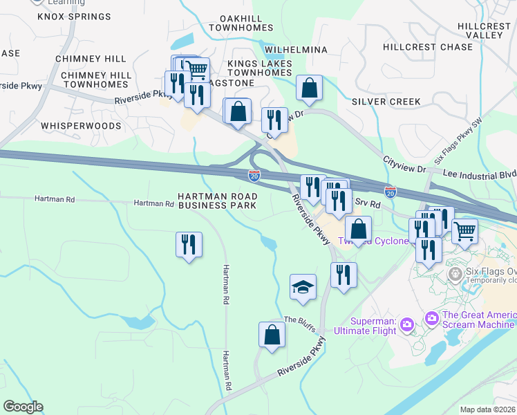 map of restaurants, bars, coffee shops, grocery stores, and more near 272 Twin Hill Road in Austell