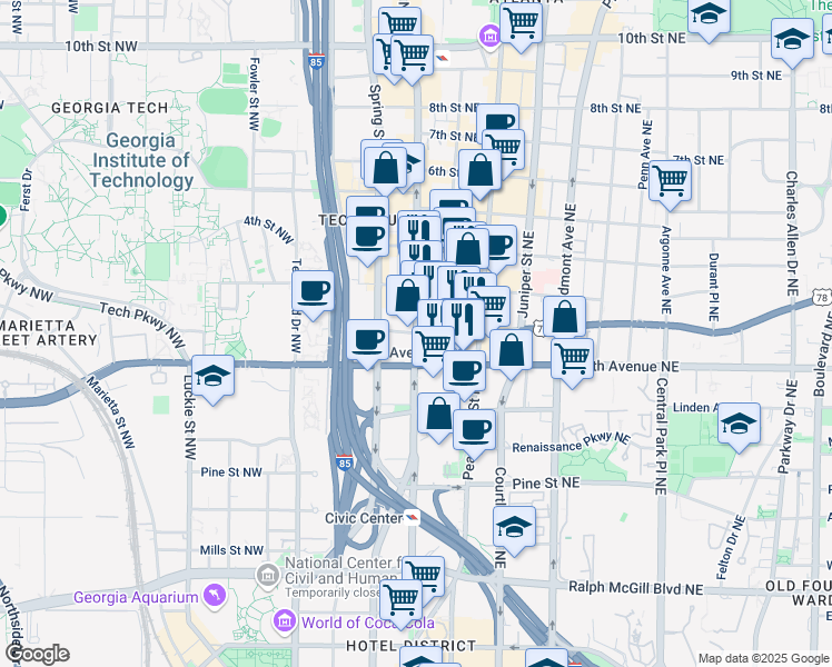 map of restaurants, bars, coffee shops, grocery stores, and more near in Atlanta