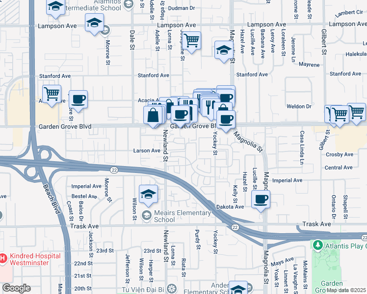 map of restaurants, bars, coffee shops, grocery stores, and more near 8582 Emerson Circle in Garden Grove