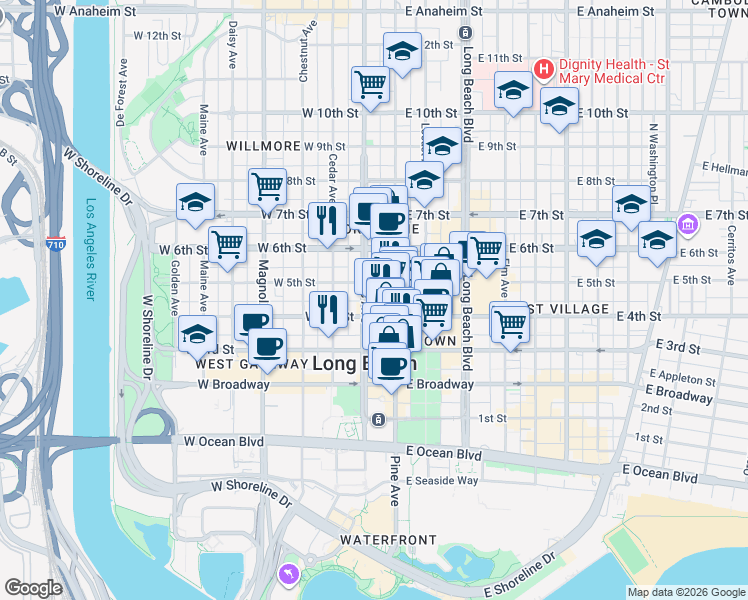 map of restaurants, bars, coffee shops, grocery stores, and more near 430 Pacific Avenue in Long Beach