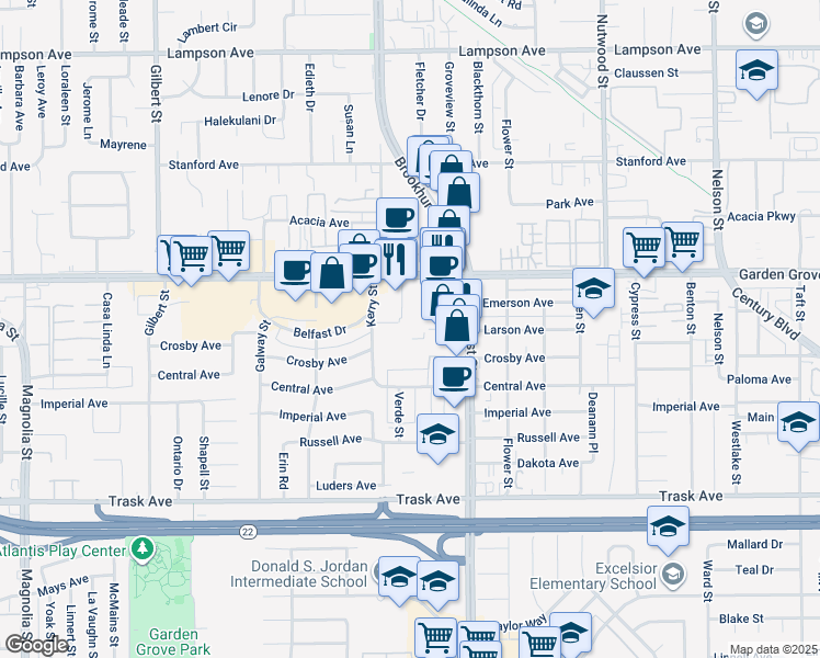 map of restaurants, bars, coffee shops, grocery stores, and more near 9860 Larson Avenue in Garden Grove