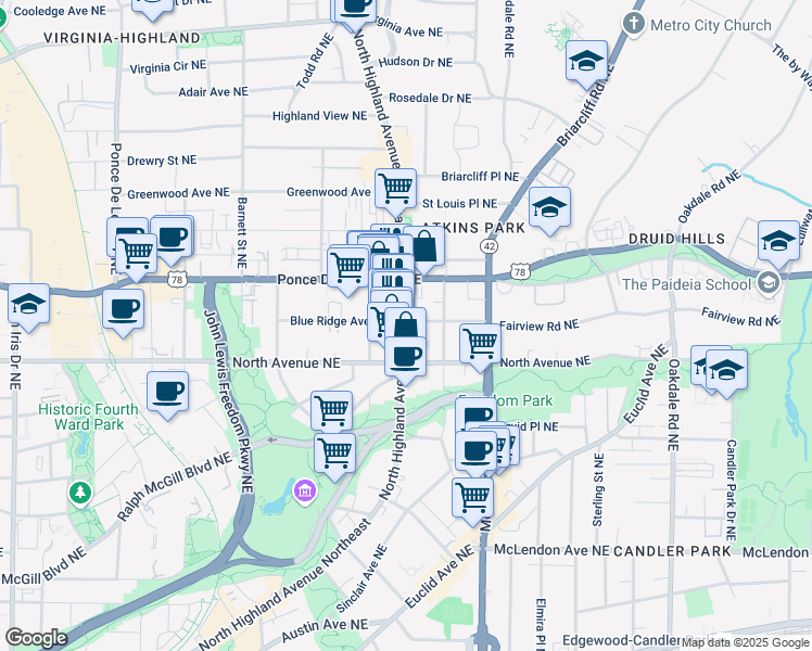 map of restaurants, bars, coffee shops, grocery stores, and more near 653 North Highland Avenue Northeast in Atlanta