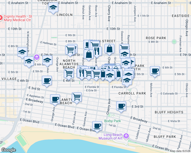 map of restaurants, bars, coffee shops, grocery stores, and more near 443 Rose Avenue in Long Beach