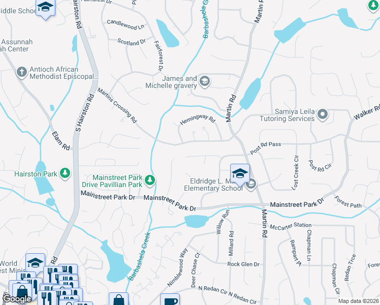 map of restaurants, bars, coffee shops, grocery stores, and more near 5034 Post Road Trail in Stone Mountain