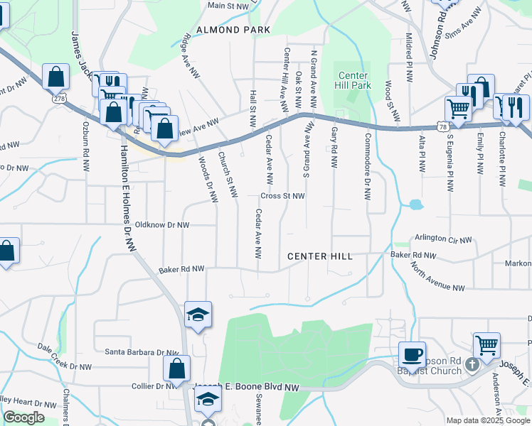 map of restaurants, bars, coffee shops, grocery stores, and more near 633 Cedar Avenue Northwest in Atlanta