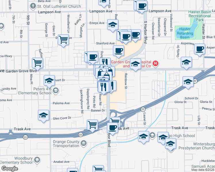 map of restaurants, bars, coffee shops, grocery stores, and more near 13141 Harbor Blvd in Garden Grove