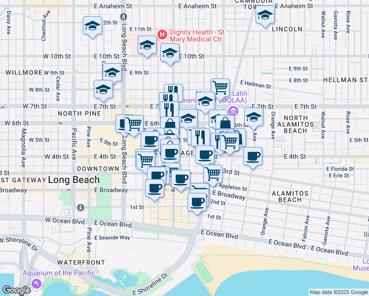 map of restaurants, bars, coffee shops, grocery stores, and more near 425 Lime Avenue in Long Beach