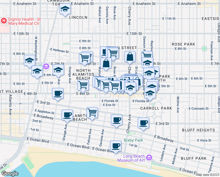 map of restaurants, bars, coffee shops, grocery stores, and more near 430 Gaviota Avenue in Long Beach