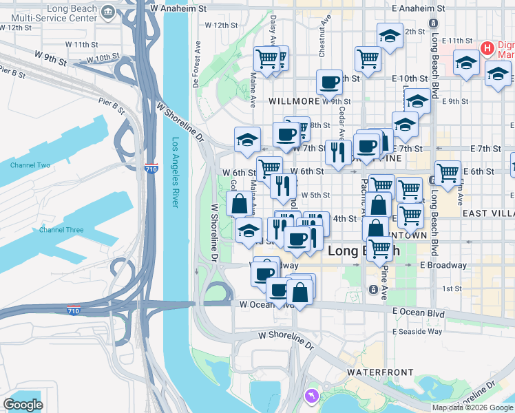 map of restaurants, bars, coffee shops, grocery stores, and more near 437 North Nylic Court in Long Beach