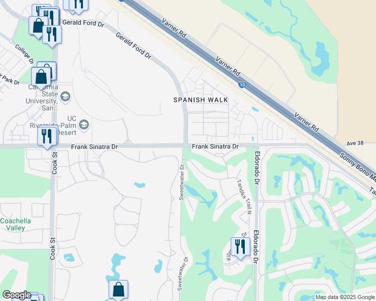 map of restaurants, bars, coffee shops, grocery stores, and more near 75625 Frank Sinatra Drive in Palm Desert