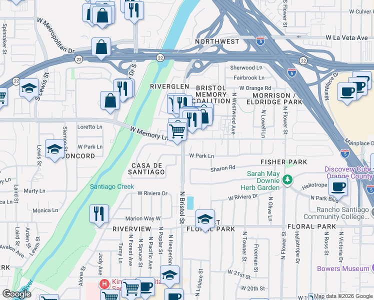 map of restaurants, bars, coffee shops, grocery stores, and more near 2606 North Greenbrier Street in Santa Ana