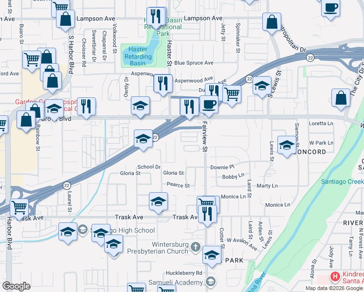 map of restaurants, bars, coffee shops, grocery stores, and more near Windsor Lane in Garden Grove