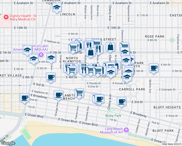 map of restaurants, bars, coffee shops, grocery stores, and more near 425 Gaviota Avenue in Long Beach