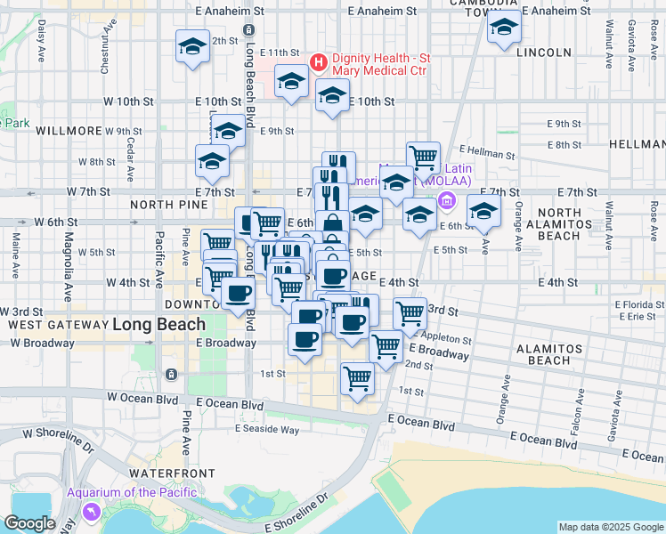 map of restaurants, bars, coffee shops, grocery stores, and more near 440 Atlantic Avenue in Long Beach