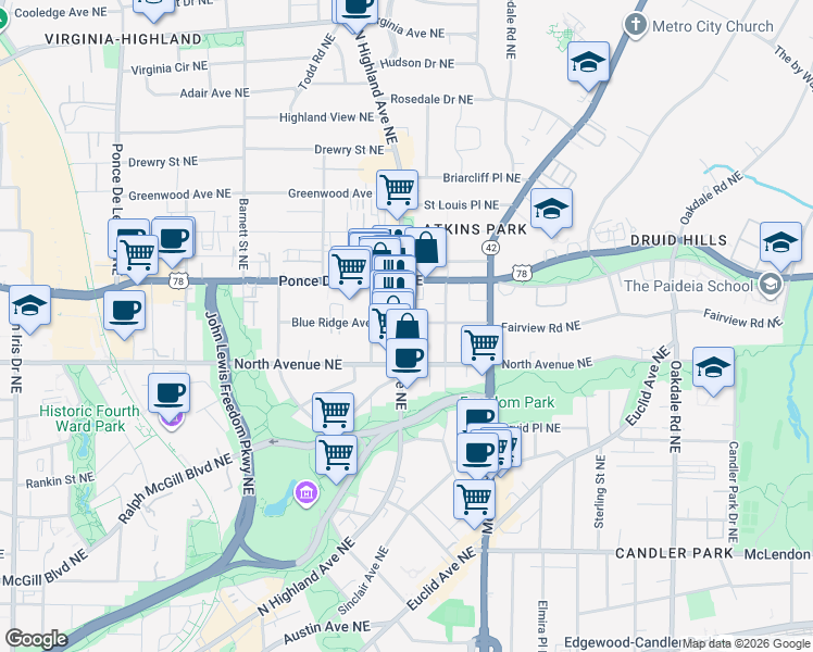 map of restaurants, bars, coffee shops, grocery stores, and more near 653 North Highland Avenue Northeast in Atlanta