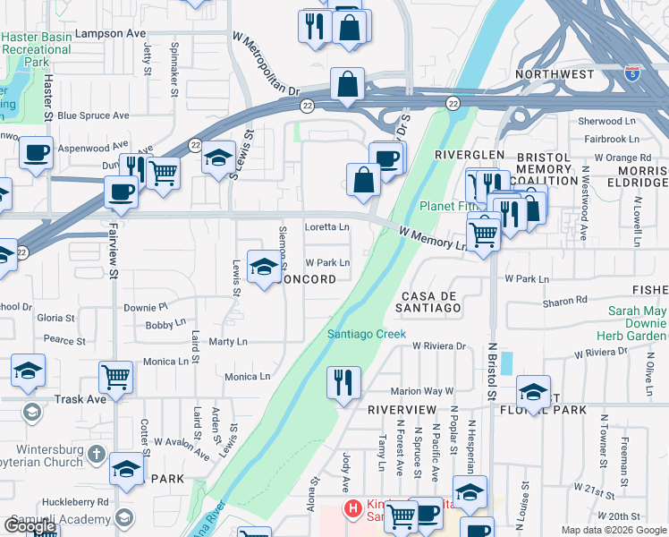 map of restaurants, bars, coffee shops, grocery stores, and more near 1716 West Park Lane in Santa Ana