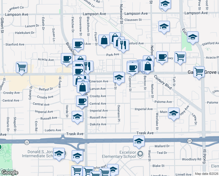 map of restaurants, bars, coffee shops, grocery stores, and more near 10181 Larson Avenue in Garden Grove