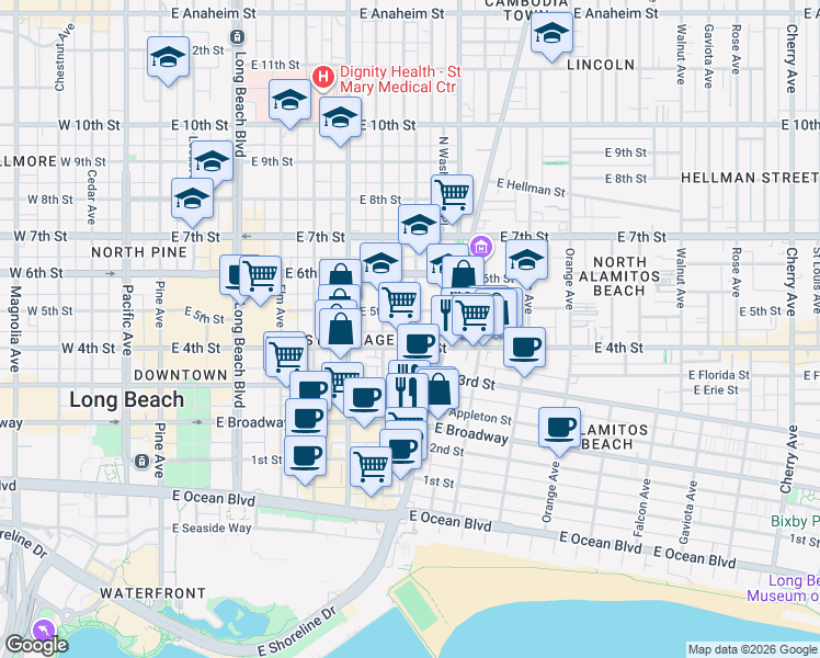 map of restaurants, bars, coffee shops, grocery stores, and more near 427 Olive Avenue in Long Beach