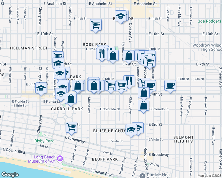 map of restaurants, bars, coffee shops, grocery stores, and more near 2836 East 5th Street in Long Beach